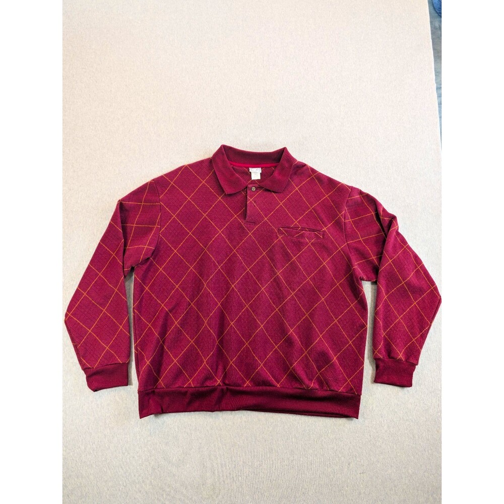 Haband Casual Joe Men's 2XL Burgundy Yellow Argyle Collared Long Sleeve Pullover
